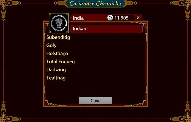 Coriander Chronicles India language selection screen showing various Indian language options
